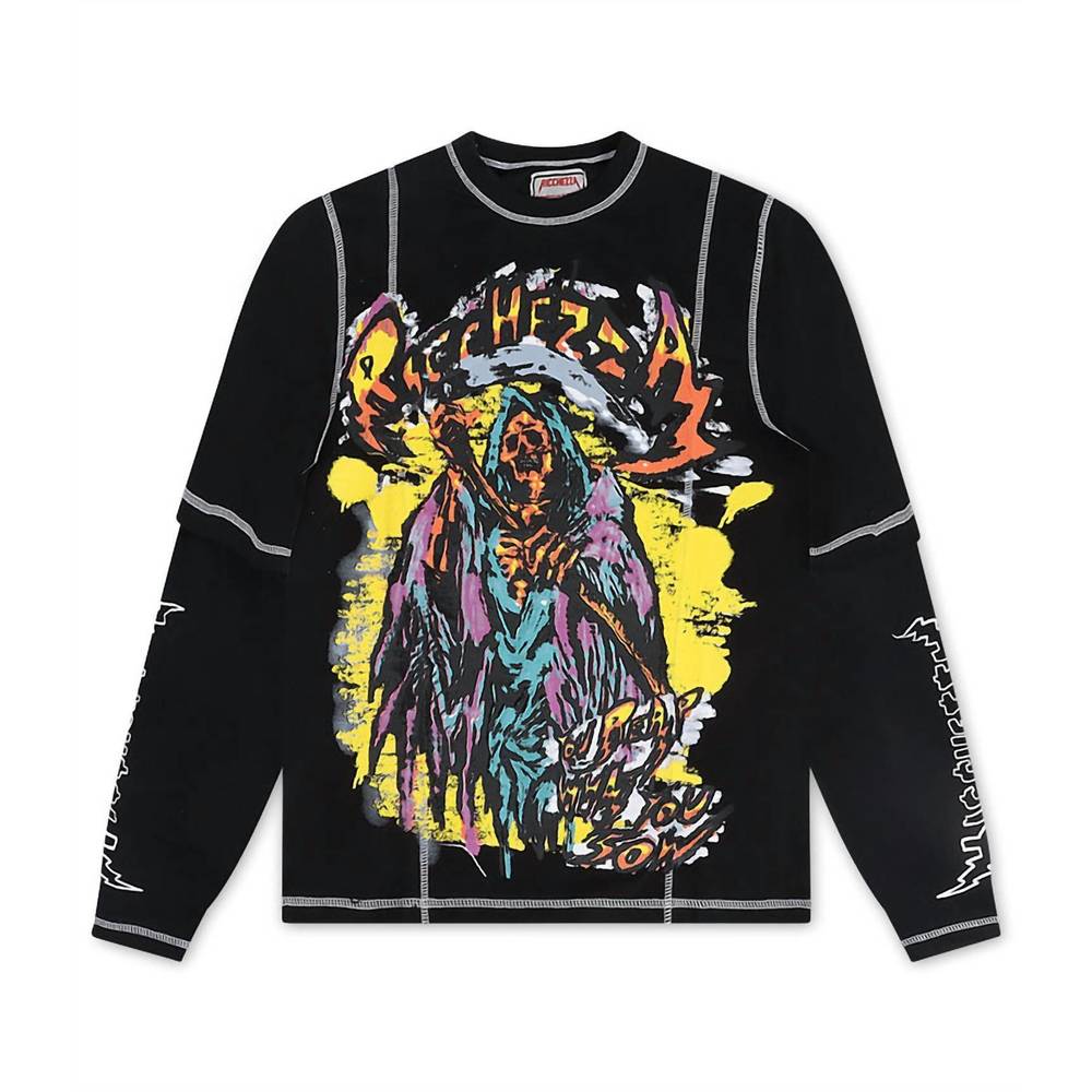NEW RICCHEZZA reap what you sew long sleeve tee in black multi